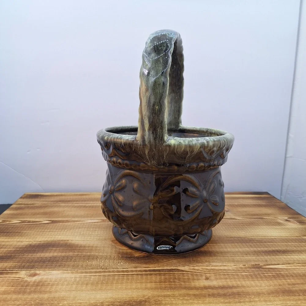 Vintage Hull Ceramic Basket Planter With Handle Dark Green Brown Made in USA‎